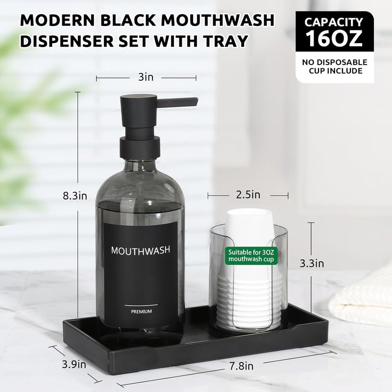 TOLDATLI Mouthwash Dispenser for Bathroom, Glass Mouth Wash Pump Dispenser with Cup Holder, 17 Fl Oz Mouthwash Bottle Decanter with Tray, Refillable Mouthwash Dispenser Container (Clear Black) - Image 2